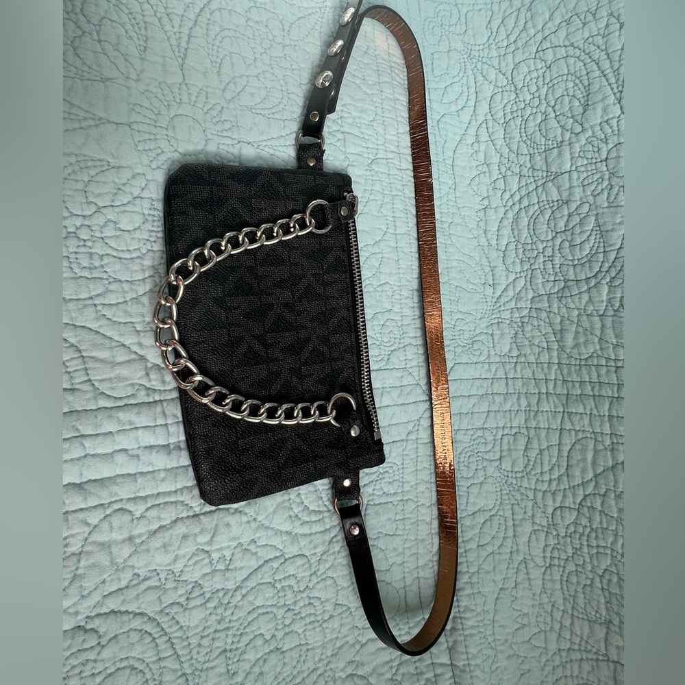 Michael Kors Black Crossbody Bag with Silver Chain and Tan Strap